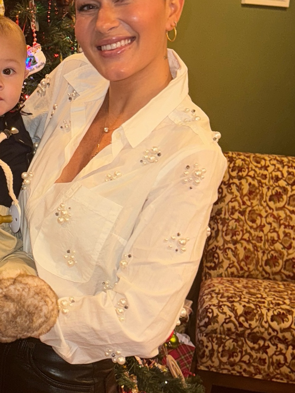 Maeve White Button-Down Shirt with Pearl Crystal Embellishments